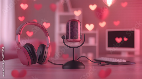 Podcast set Valentines day 14th febrary love setup microphones studio recording photo