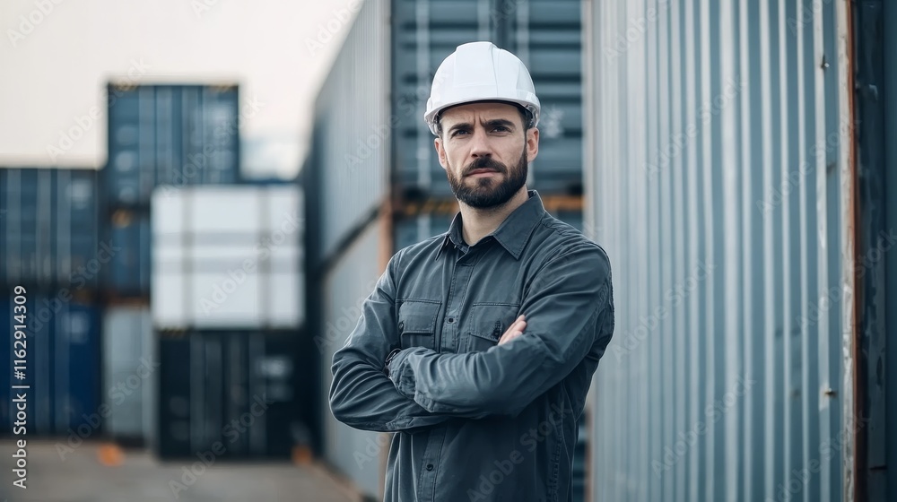 A construction worker stands confidently among shipping container at a worksite. A construction worker stands confidently among shipping container at a worksite.