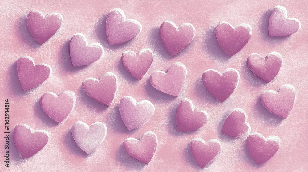 Obraz premium A collection of pink hearts arranged on a soft pink background, symbolizing love and affection.