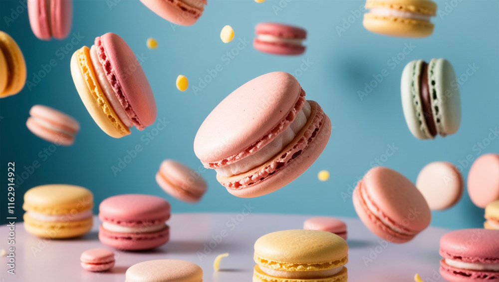 Various colorful of macarons floating on the air,Desserts sweet cake concept
Various colorful of macarons floating on the air,Desserts sweet cake concept