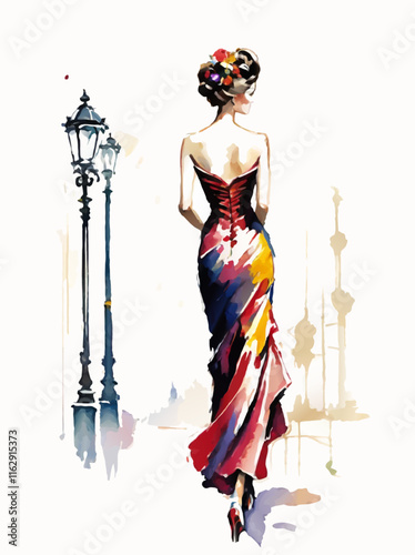 lady in evening dress walking down a street fashion illustration vector