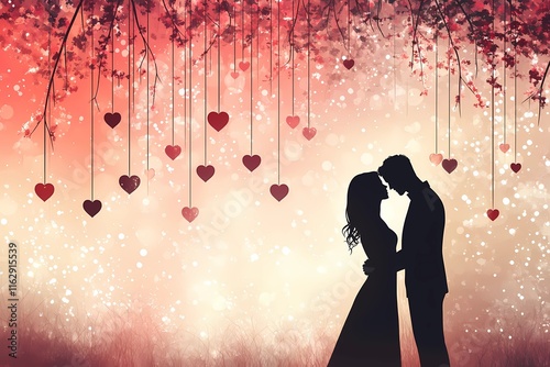 Romantic silhouette of a couple embracing under hanging heart decorations with a dreamy pink and beige bokeh background, perfect for Valentine's Day greeting card, banner, postcard, or poster design.