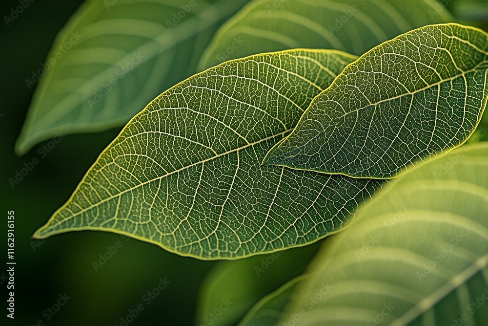 Close-up of two vibrant green leaves with intricate vein patterns, showcasing nature's detail. Close-up of two vibrant green leaves with intricate vein patterns, showcasing nature's detail.