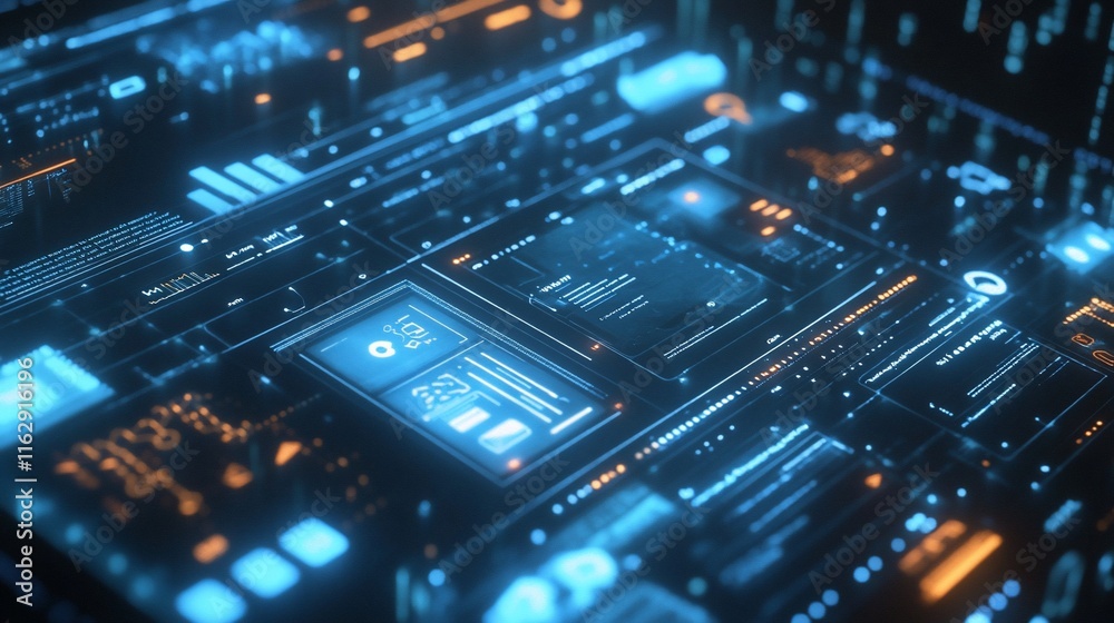 Futuristic digital interface with glowing HUD elements, data streams, and graphs. Futuristic digital interface with glowing HUD elements, data streams, and graphs.