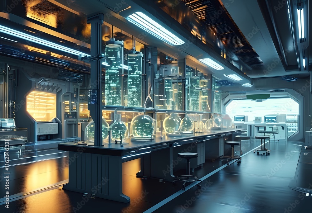 A modern laboratory features illuminated glass containers containing DNA strands and plant samples. The high-tech setting suggests advanced scientific research in biology. A modern laboratory features illuminated glass containers containing DNA strands and plant samples. The high-tech setting suggests advanced scientific research in biology.