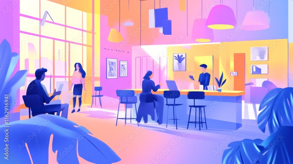 A creative coworking space with professionals collaborating on a project. A creative coworking space with professionals collaborating on a project.