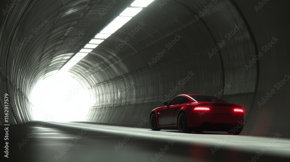 Fototapeta premium A sleek red car positioned in a tunnel, illuminated by bright light at the end.