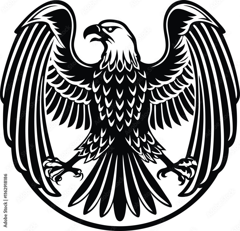 Obraz premium Majestic Eagle Wings Spread, Black and White Emblem, Powerful Bird