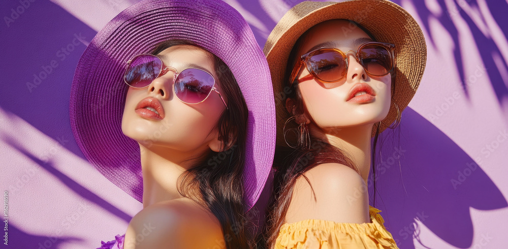 Two friends pose with their backs to each other, showcasing chic hats and sunglasses. The vivid purple background highlights their lively summer styles in bright sunlight. Two friends pose with their backs to each other, showcasing chic hats and sunglasses. The vivid purple background highlights their lively summer styles in bright sunlight.