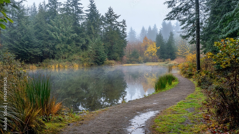 Misty autumn morning at tranquil forest pond, path reflection. Misty autumn morning at tranquil forest pond, path reflection.