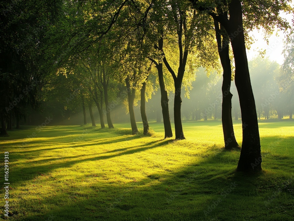 Fototapeta premium A serene forest scene with sunlight filtering through trees, casting soft shadows on the grass.