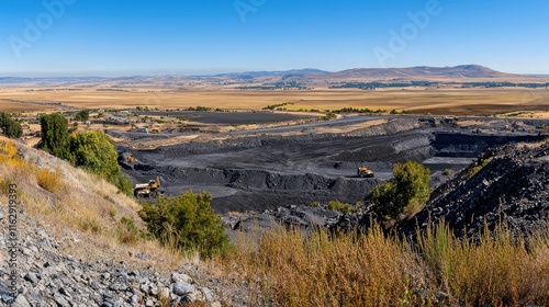 Open-pit coal mining site with machinery and expansive landscape.