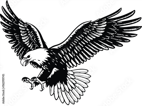 Majestic Eagle Soaring, Wings Spread Wide, Black and White Art