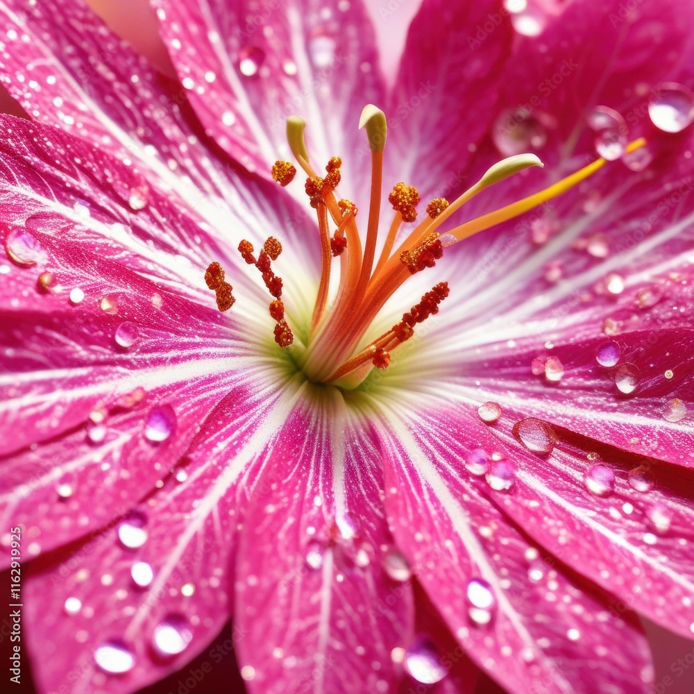 Obraz premium A close-up of a vibrant pink flower covered in glistening dew drops, with a golden center and delicate petals.