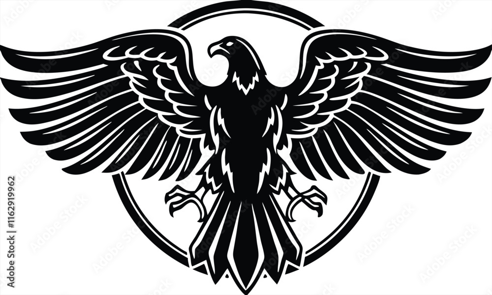 Majestic Black Eagle Wings Spread, Circle Emblem, Bird of Prey Majestic Black Eagle Wings Spread, Circle Emblem, Bird of Prey