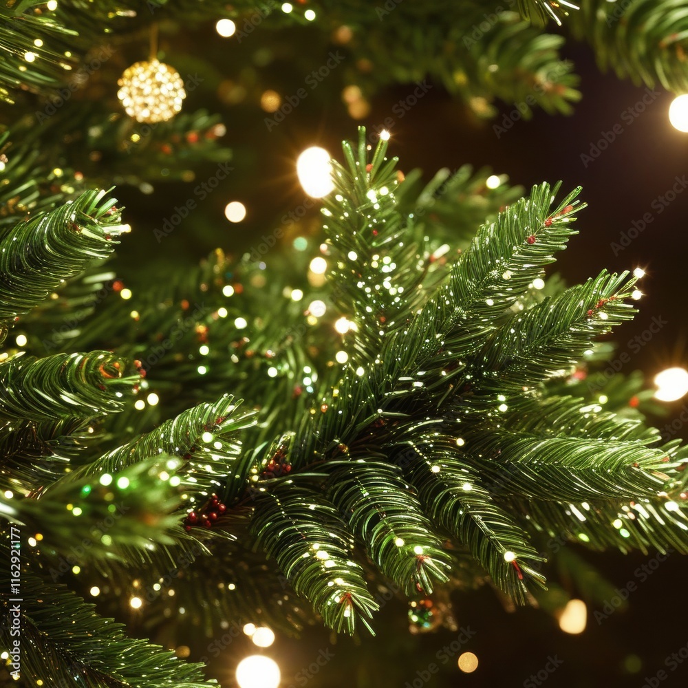 A glowing Christmas tree stands out against a background, surrounded by sparkling lights. A glowing Christmas tree stands out against a background, surrounded by sparkling lights.