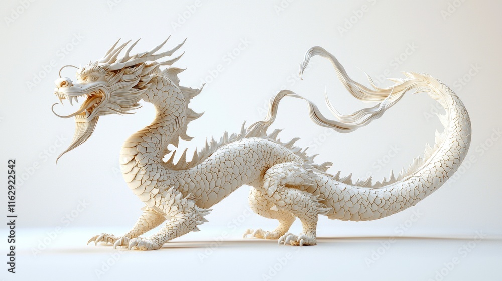 Fototapeta premium Golden Chinese Dragon Statue on White Background Illustration