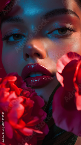 A high-fashion photoshoot of model with peonies 