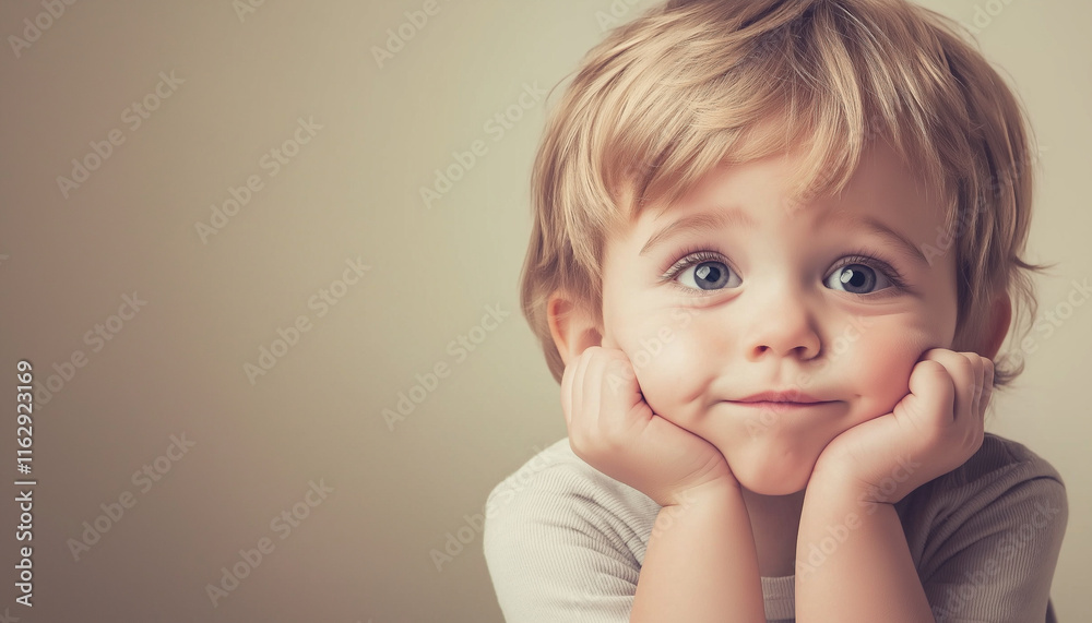 Adorable Close-Up Portrait of a Young Child with a Thoughtful Expression and Soft Neutral Background Adorable Close-Up Portrait of a Young Child with a Thoughtful Expression and Soft Neutral Background