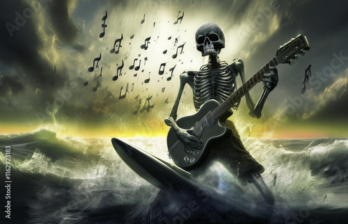 Reference you photograph a skeleton on a suft board playing a guitar photo