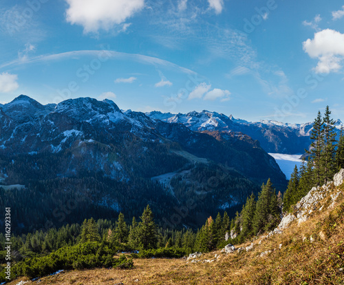 Autumn Alps mountain misty morning view from Jenner Viewing Platform, Schonau am Konigssee, Berchtesgaden national park, Bavaria, Germany. photo