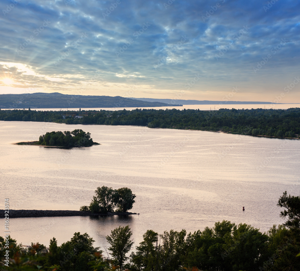 Dnipro river summer evening view from Taras Hill or Chernecha Hora (Monk Hill - important landmark of the Taras Shevchenko National Preserve, Kaniv, Cherkasy Region, Ukraine.