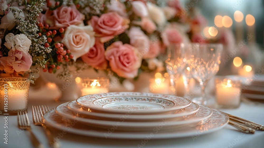 Romantic Dinner Table Setting with Pink Roses and Candles Romantic Dinner Table Setting with Pink Roses and Candles