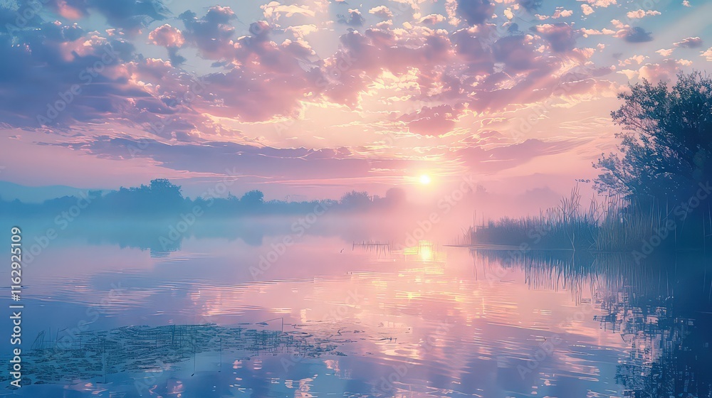 Fototapeta premium A serene wetland at dawn with mist rising from the water and soft pastel colors painting the sky and reflecting on the calm surface.