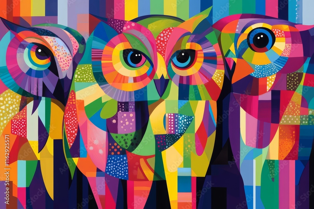 Fototapeta premium Abstract colorful illustration of owls. Ai generative art