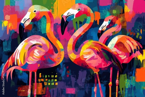 Abstract colorful illustration of flamingos. Ai generative art