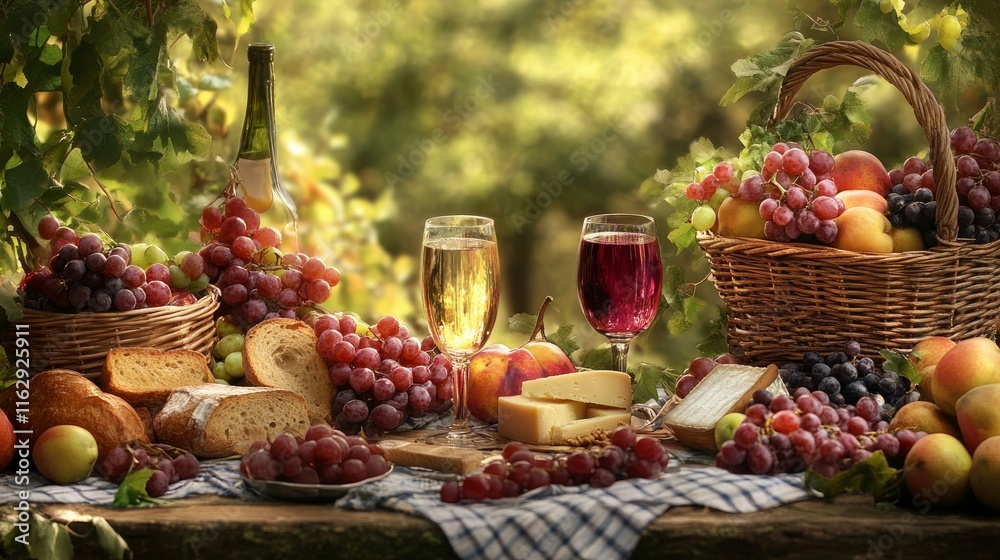 A table set for a rustic picnic with fresh fruits, bread, and cheese. A table set for a rustic picnic with fresh fruits, bread, and cheese.