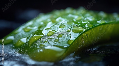 Aloe Vera Leaf with Dewdrops Close Up Macro Shot