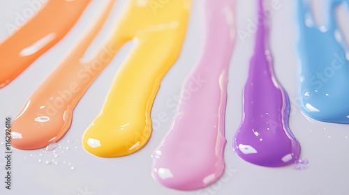 Colorful nail polish drips in various shades on a light background