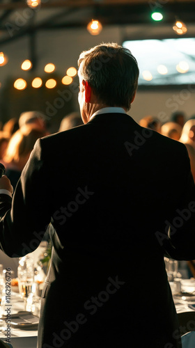 A billionaire philanthropist delivers a heartfelt speech at a charity gala, addressing an elegant crowd dressed in formal attire, with soft lighting and sophisticated decor in the background. photo