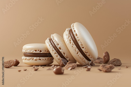 Macarons au chocolat, fond marron clair photo