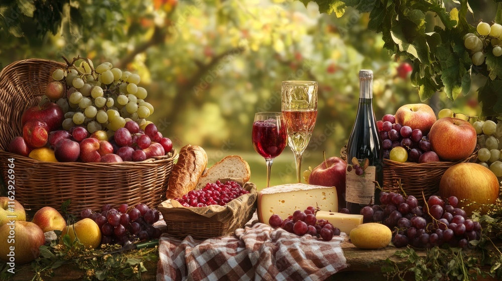 A table set for a rustic picnic with fresh fruits, bread, and cheese. A table set for a rustic picnic with fresh fruits, bread, and cheese.