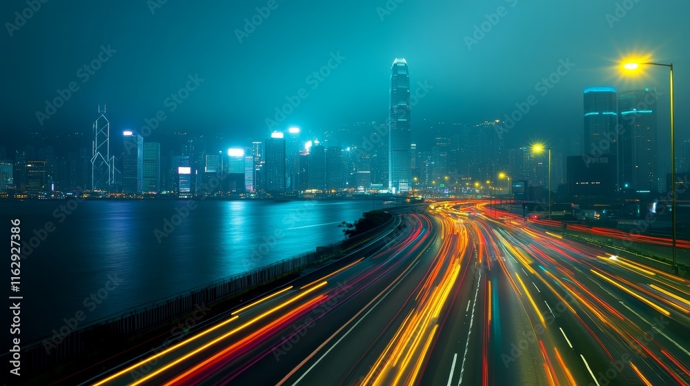 Fototapeta premium A vibrant cityscape at night with illuminated skyscrapers and light trails from moving vehicles.