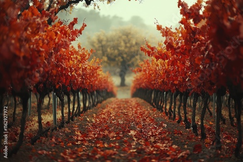 Vibrant autumn foliage in a vineyard showcasing rows of red leaves along a winding path photo