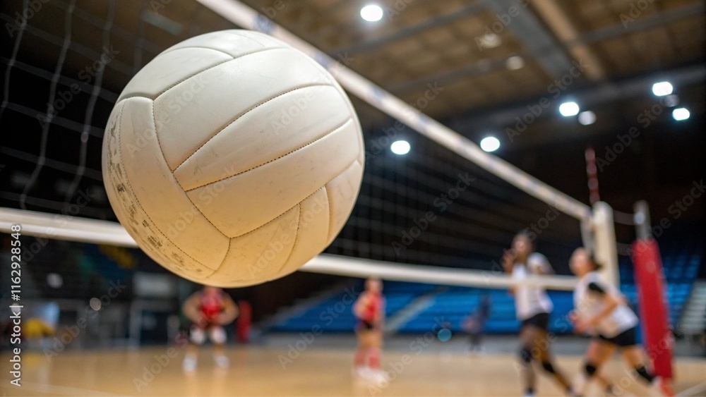 Volleyball Ball Flying into Net in Volleyball Arena during Match Volleyball Ball Flying into Net in Volleyball Arena during Match