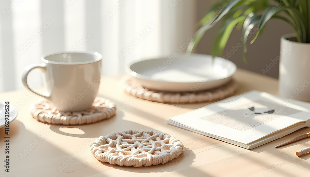 Cozy coffee cup and plate on wooden table with sunlight Cozy coffee cup and plate on wooden table with sunlight