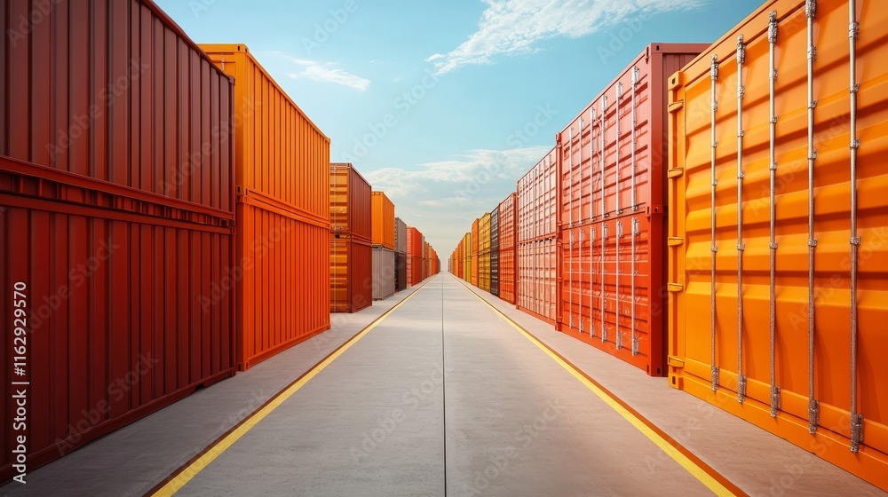 Fototapeta premium A row of colorful shipping container along a clear pathway under a blue sky.