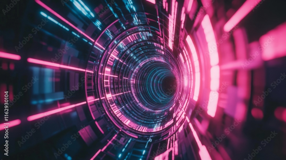 Fototapeta premium Futuristic Tunnel with Neon Lights: An Engaging Visual Journey Through a Cybernetic Realm