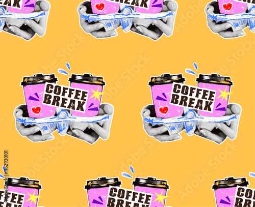 Seamless pattern on coffee theme in retro collage style with pencil doodles and grainy texture. Hands with halftone effect hold cups of coffee, coffee break. Trendy paper cutouts of Y2K aesthetics.