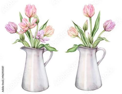 Wallpaper Mural Pastel multi-colored bud bouquet Tulips in metal can watercolor illustration isolated on background. Hand drawn delicate perennial bulbous pink yellow purple flower for spring wedding design or card. Torontodigital.ca