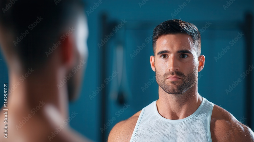 Fitness motivation drives exercise and self-improvement. Man gazing at his reflection in a gym setting. Fitness motivation drives exercise and self-improvement. Man gazing at his reflection in a gym setting.