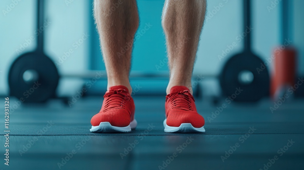 Fitness motivation drives exercise and self-improvement. Red athletic shoes on a gym floor ready for a workout. Fitness motivation drives exercise and self-improvement. Red athletic shoes on a gym floor ready for a workout.