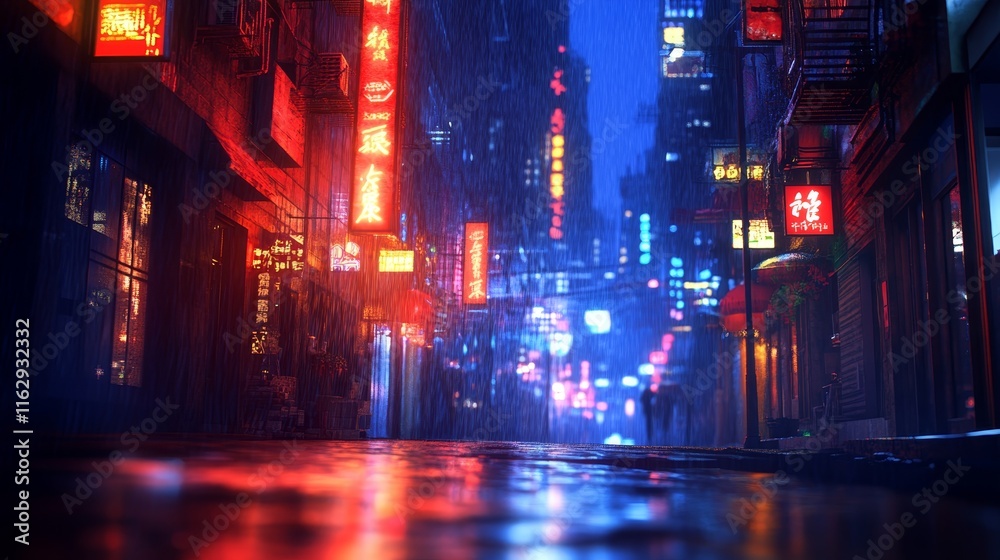 Obraz premium A vibrant, rain-soaked urban street illuminated by neon light in a nighttime setting.