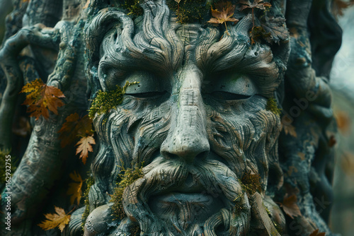 ancient wooden pagan idol, face with beard and mustache,.    