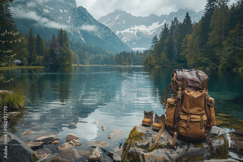 lake landscape and a large backpack with shoes,.     