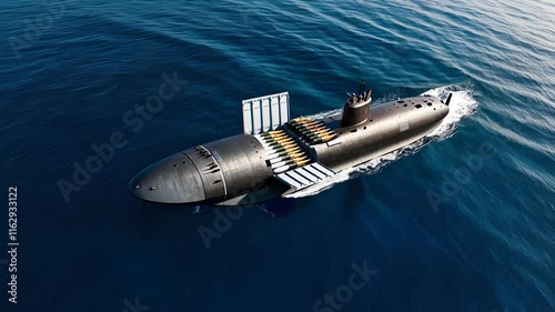 Military Submarine Surfacing in Open Ocean with Strategic Missile Silos Exposed and Calm Blue Waters

 photo